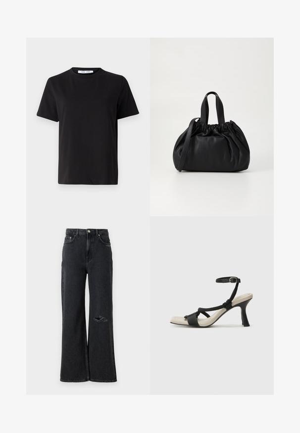 T-shirt nero a maniche corte realizzato in morbido cotone, con scollatura rotonda, vestibilità rilassata e una superficie liscia. Nessun motivo o grafica visibile.; Jeans in denim nero a gamba larga con vita alta, caratterizzati da un strappo logoro sul ginocchio sinistro e rifiniture classiche con bottoni e rivetti metallici.; Sandal con tacco nero e design con cinturino intrecciato, punta quadrata e cinturino alla caviglia regolabile. Soletta beige chiaro con tacco nero lucido.; Borsa a tracolla in pelle nera con design a cima arricciata, dotata di due manici corti e di una lunga tracolla regolabile. Texture liscia, forma arrotondata.