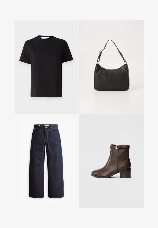 Camiseta negra de manga corta hecha de algodón suave, con un cuello redondo, corte relajado y una textura lisa. Sin patrones ni gráficos visibles.; Jeans de mezclilla oscuros de pierna ancha con cintura alta, que cuentan con un lazo ajustable, cinco bolsillos y detalles de costura en contraste.; Botín de piel marrón hasta el tobillo con puntera redondeada, tacón bajo y recto, y una correa decorativa con hebilla en el tobillo. Textura suave y diseño elegante.; Bolso de mano de cuero negro con forma curvada, una sola correa, cierre de cremallera y marcas sutiles en la parte frontal. Textura suave, diseño minimalista.