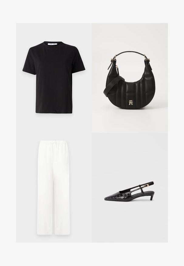 Black short-sleeve t-shirt made of soft cotton, featuring a round neckline, relaxed fit, and a smooth texture. No visible patterns or graphics.; White, wide-leg pants made of lightweight fabric with an elastic waistband and tie closure. Smooth texture, no visible patterns or hardware.; Black leather pointy-toed slingback shoe with a crocodile texture, small stacked heel, and adjustable strap with metallic buckle detail.; Black leather handbag with a curved shape, quilted texture, and gold hardware. Features a detachable shoulder strap and logo detail.