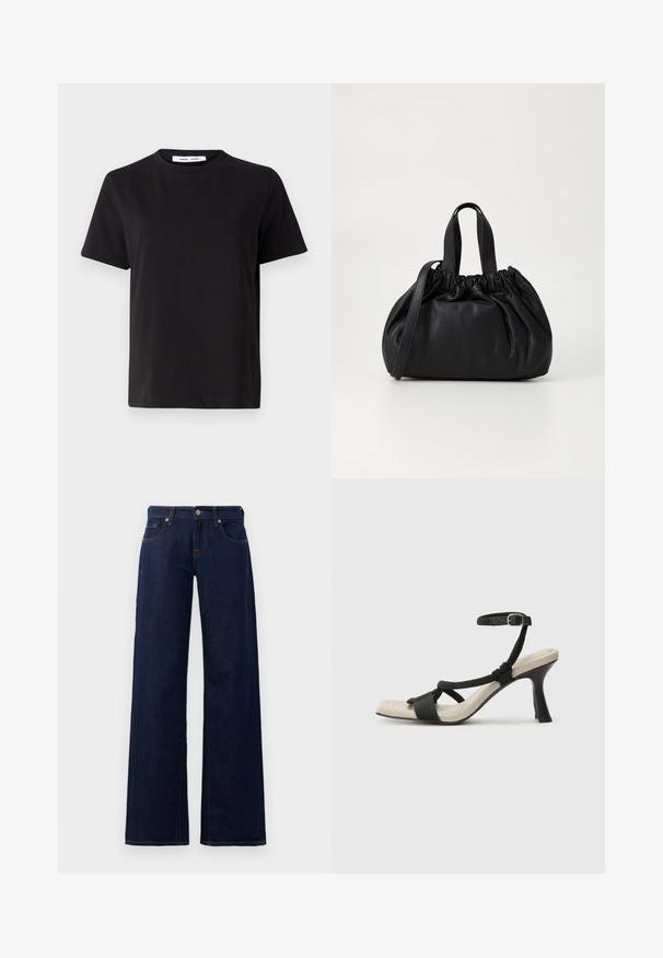 Crna kratka majica s kratkim rukavima od mekanog pamuka, s okruglim izrezom, opuštenim krojem i glatkom teksturom. Nema vidljivih uzoraka ili grafike.; Široke traperice u tamnoplavom denimu, s klasičnim dizajnom od pet džepova, bakrenim šavovima i dugmetom za zatvaranje na struku.; Crne sandale na visokom potpetici s dizajnom pletenih trakica, kvadratnim vrhom i podešivom trakicom oko gležnja. Svijetlosmeđi ulošci s sjajnim crnim potpeticama.; Crna kožna torba s nabranim dizajnom na vrhu, s dva kratka ručka i dugim podesivim remenom. Glatka tekstura, zaobljen oblik.