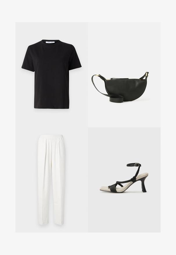 Svart kortermet t-skjorte laget av myk bomull, med rund hals, avslappet passform og en jevn tekstur. Ingen synlige mønstre eller grafikk.; Hvite elastiske bukser med rett ben, laget av mykt materiale og med subtile frontfoldinger for ekstra tekstur og designdetaljer.; Sorte helårs sandaler med flettet stroppesdesign, firkantet tå og justerbar ankelrem. Lys beige fotseng med glanset svart hæl.; Svart skinn crossover-veske med halvmåneform, teksturert overflate, gullglidelås og flat stropp. Kompakt design som passer til det viktigste.