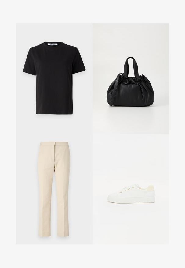 Svart kortermet t-skjorte laget av myk bomull, med rund hals, avslappet passform og en jevn tekstur. Ingen synlige mønstre eller grafikk.; Beige bukser laget av et glatt stoff med rett snitt. Har flat front, beltehemper og ingen synlige lommer.; Hvit sneaker med overdel i canvas, rund tå og flat gummisåle. Har gullfargede snøringer og en lys beige hælakkent.; Svart lærveske med en samlet toppdesign, som har to korte håndtak og en lang justerbar stropp. Glatt tekstur, rund form.