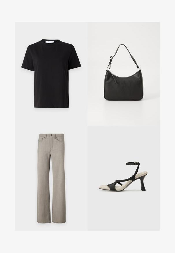 Črna majica s kratkimi rokavi iz mehkega bombaža, ki ima okroglo izrezovanje, udoben kroj in gladko teksturo. Brez vidnih vzorcev ali grafike.; Široke hlače iz svetlo sive, teksturirane tkanine z gladko površino. Imajo gumbno zapiranje in obliko z petimi žepi.; Črne sandale na visoki peti z prepletenim trakom, kvadratnim nosom in nastavljivim gležnjenjem. Svetlo bež podplat z sijajno črno peto.; Črna usnjena torba za roke s ukrivljenim oblikom, enim trakom, zadrgo in diskretnim blagovnim znamkom na sprednjem delu. Gladka tekstura, minimalističen dizajn.
