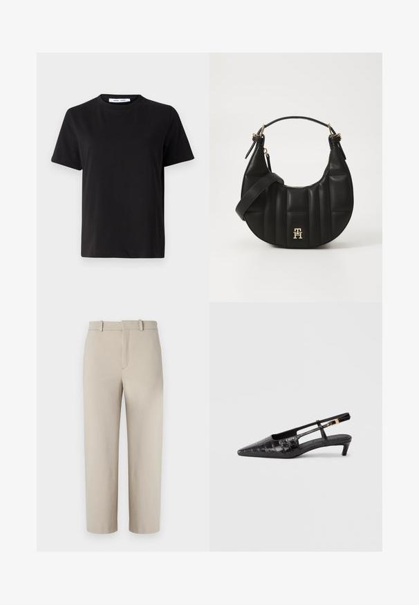 Svart kortermet t-skjorte laget av myk bomull, med rund hals, avslappet passform og en jevn tekstur. Ingen synlige mønstre eller grafikk.; Beige beskjærte bukser, skreddersydd design, flat front med skjult glidelås, to sidelommer, laget av glatt bomullsblanding.; Sorte skinn slingback-sko med spiss tå og krokodillemønster, liten stablet hæl og justerbar stropp med metallspenne.; Svart skinnhåndveske med en buet form, kviltet tekstur og gullhardware. Har en avtagbar skulderrem og logo-detaljer.