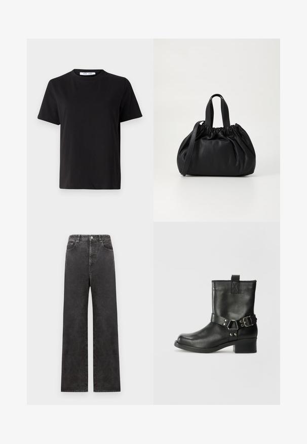 Fekete, rövid ujjú póló, puha pamutból készült, kerek nyakkivágással, laza szabással és sima textúrával. Nincs látható minta vagy grafikák.; Magas derekú, széles szárú fekete farmernadrág, elülső zsebekkel, gombos zipzárral és enyhén kopott hatással.; Samsøe Samsøe SABRENTA - Cowboy/motoros bokacsizma - black; Fekete bőr kézitáska, összegyűrt felső dizájnnal, két rövid fülekkel és egy hosszú, állítható pánttal. Simább textúra, lekerekített forma.