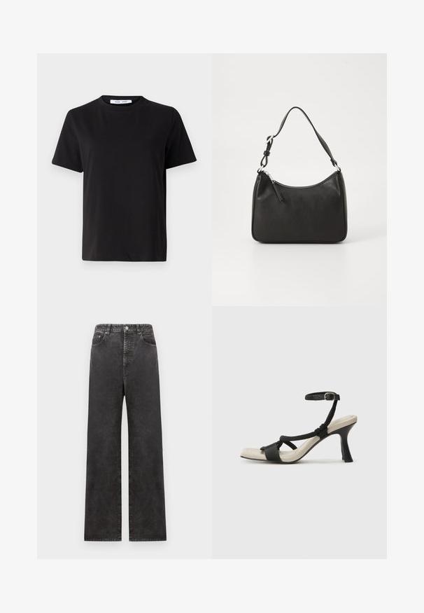 Čierne tričko s krátkym rukávom vyrobené z mäkkej bavlny, s okrúhlym výstrihom, uvoľneným strihom a hladkou štruktúrou. Žiadne viditeľné vzory ani grafika.; Široké čierne denimy s vysokým pásom, s prednými vreckami, zapínaním na gombíky a mierne vyblednutou textúrou.; Čierne sandále na podpätku s pleteným pásikom, štvorcovou špičkou a nastaviteľným remienkom okolo členka. Svetlobéžová stielka s lesklým čiernym podpätkom.; Čierna kožená kabelka s oblým tvarom, jediným popruhom, zipsom a nenápadným logom na prednej strane. Hladká textúra, minimalistický dizajn.