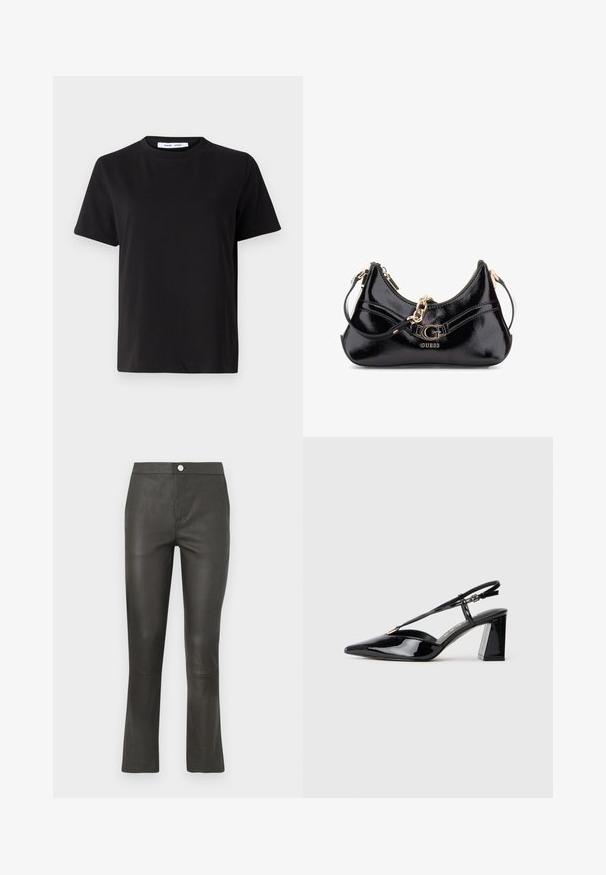 Czarny t-shirt z krótkim rękawem wykonany z miękkiej bawełny, z okrągłym dekoltem, luźnym krojem i gładką fakturą. Bez widocznych wzorów ani grafik.; Czarne skórzane spodnie o dopasowanym kroju, proste nogawki i subtelne przeszycia. Posiadają zapięcie na guzik z przodu i brak kieszeni.; Czarne lakierowane szpilki z odkrytymi piętami, z ostrym noskiem, regulowanym paskiem i masywnym prostokątnym obcasem.; Czarna torebka z lakierowanej skóry o zakrzywionym kształcie, z złotymi akcentami oraz wyraźnym logo. Zawiera odpinany pasek na ramię.