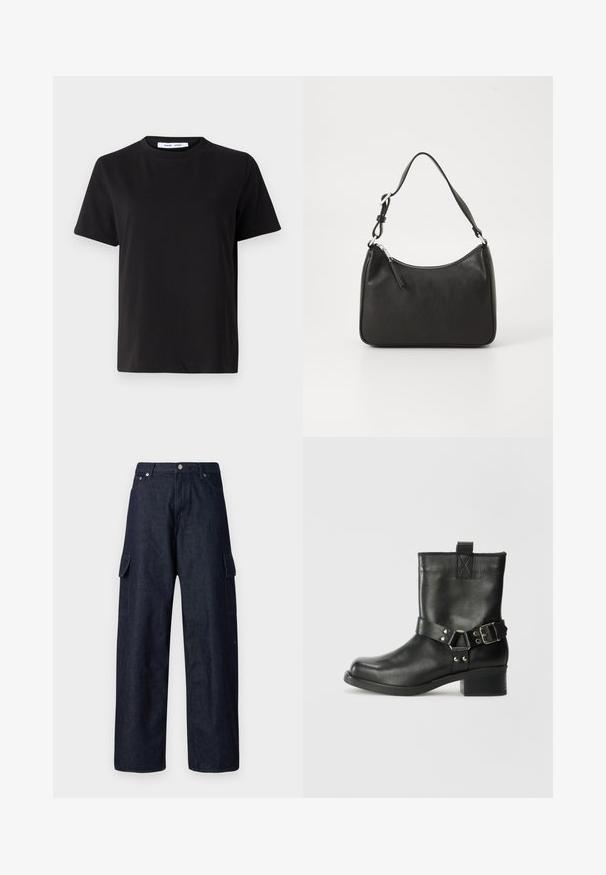 T-shirt nero a maniche corte realizzato in morbido cotone, con scollatura rotonda, vestibilità rilassata e una superficie liscia. Nessun motivo o grafica visibile.; Pantaloni cargo in denim scuro con gamba larga, dotati di due tasche laterali, chiusura con bottone e una texture del tessuto resistente.; Samsøe Samsøe SABRENTA - Stivaletti texani / biker - black; Borsa a tracolla in pelle nera con forma curva, una tracolla singola, chiusura con zip e marchio discreto sul fronte. Texture liscia, design minimalista.