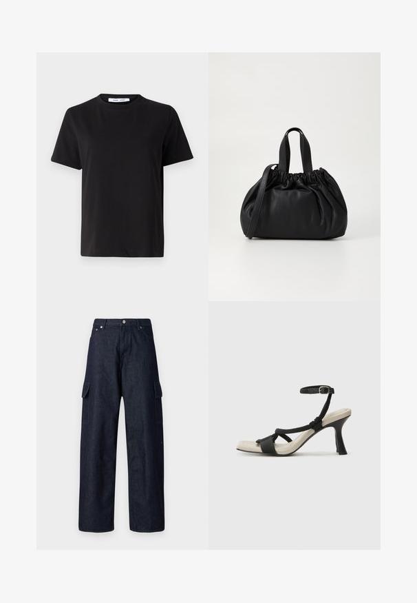 Melna īsām piedurknēm T-kreklu, kas izgatavots no mīksta kokvilnas, ar apļveida kakla izgriezumu, brīvu piegriezumu un gludu tekstūru. Nav redzamu rakstu vai grafikas.; Tumši denima kravas bikses ar platiem svārkiem, ar divām sānu kabatām, pogu aizdari un izturīgu audumu tekstūru.; Melnas augstpapēžu sānijas ar pinuma siksnu dizainu, kvadrātveida purngali un regulējamu potītes siksnu. Gaismas beidzamais kāju paklājiņš ar spīdīgu melnu papēdi.; Melnas ādas rokassomu ar savākta augšdaļa dizainu, kas aprīkota ar divām īsām rokturiem un garu regulējamu siksnu. Gluda tekstūra, noapaļota forma.