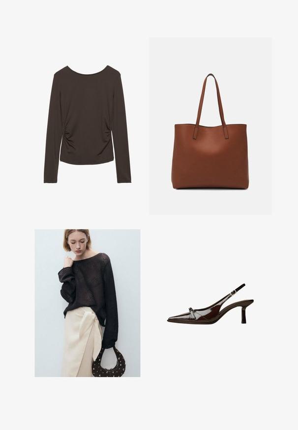 Top cu mânecă lungă dintr-un material maro închis cu o textură netedă, având drapaje laterale și un decolteu rotund. Fără modele sau accente prezente.; Pulover tricotat maro cu mâneci supradimensionate, asortat cu o fustă înfășurată bej, cu o legătură pe lateral. Accesoriile includ o geantă rotundă, cu ținte, de culoare maro.; Pantofii slingback din piele lăcuită maro, cu vârf ascuțit, toc mic și un accent decorativ sub formă de fundă în față. Textură netedă și strălucitoare.; Geantă de umăr din piele maro cu o textură netedă, design cu vârf deschis și două curele pentru umăr. Prezintă cusături minime și fără componente metalice vizibile.