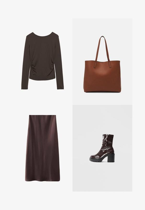 Maglietta a maniche lunghe in tessuto marrone scuro con una texture liscia, caratterizzata da arricciature laterali e un collo rotondo. Senza motivi o dettagli decorativi.; Gonna midi marrone con una texture liscia e satinata. Design semplice, forma dritta e bordi rifiniti per un aspetto pulito. Nessun fissaggio visibile.; Stivale alla caviglia bordeaux lucido con un tacco spesso nero, caratterizzato da una superficie liscia e un design semplice. Nessuna chiusura visibile o motivo.; Borsa tote in pelle marrone con texture liscia, design con apertura superiore e due spallacci. Presenta cuciture minime e nessun hardware visibile.