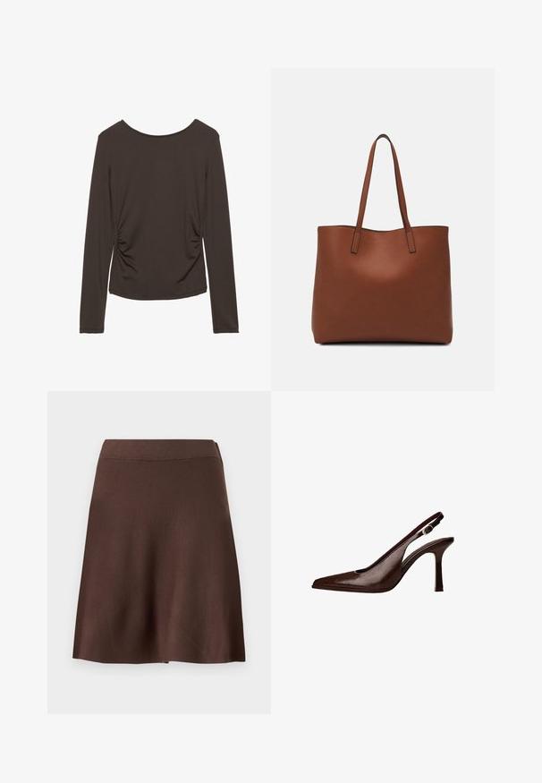 Hosszú ujjú, sötétbarna anyagú felső, sima textúrával, oldalain redőzött és kerek nyakkivágással. Nincsenek minták vagy díszítések.; Barna A-vonalú szoknya, gumis derékkal, sima kötött textúrával és enyhe harangszárnnyal az alján, sima világos háttér előtt.; Barna bőr slingback pumpa hegyes orral és vékony sarokkal. A pánton egy kis díszcsat található, valamint fényes felülettel rendelkezik.; Barna bőr vászontáska sima textúrával, nyitott tetejű dizájnnal és két vállpánttal. Minimális varrással és látható hardver nélkül készült.