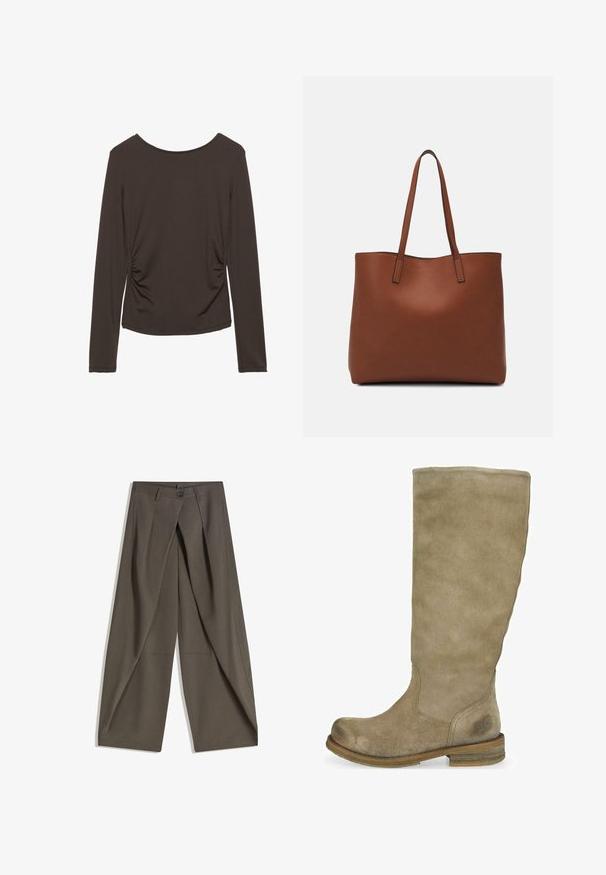 Maglietta a maniche lunghe in tessuto marrone scuro con una texture liscia, caratterizzata da arricciature laterali e un collo rotondo. Senza motivi o dettagli decorativi.; Pantaloni a gamba larga realizzati in un tessuto testurizzato grigio scuro. Presentano una piega frontale, chiusura con bottone e tasche laterali per praticità.; Stivale in camoscio beige fino al ginocchio con punta rotonda e finitura texturizzata. Tacco in legno marrone, con dettagli del logo discreti vicino alla caviglia.; Borsa tote in pelle marrone con texture liscia, design con apertura superiore e due spallacci. Presenta cuciture minime e nessun hardware visibile.