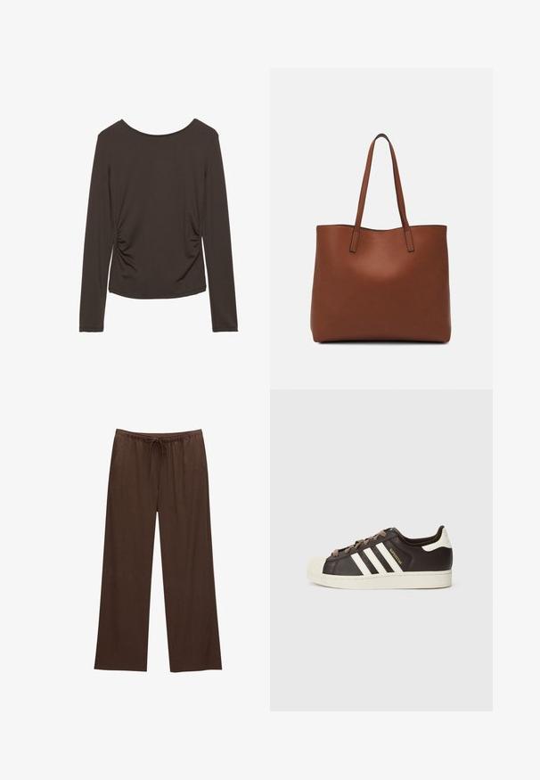Top cu mânecă lungă dintr-un material maro închis cu o textură netedă, având drapaje laterale și un decolteu rotund. Fără modele sau accente prezente.; Pantaloni largi maro, confecționați dintr-un material moale, echipați cu un talie elastică cu șnur și două buzunare laterale.; Pantof sport Adidas Superstar cu model slip-on, din piele maro închis, cu vârf shell crem, dungi albe și inscripția „Superstar” pe lateral.; Geantă de umăr din piele maro cu o textură netedă, design cu vârf deschis și două curele pentru umăr. Prezintă cusături minime și fără componente metalice vizibile.