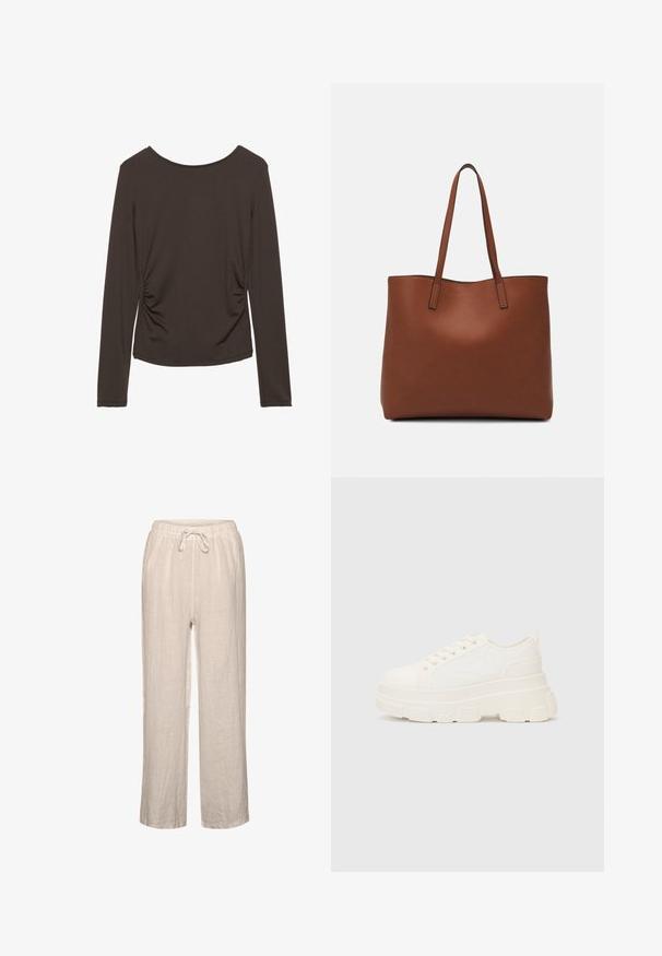Långärmad topp i mörkbrunt tyg med en slät textur, med sidan rynkad och rundad halsringning. Inga mönster eller detaljer närvarande.; Linnenbyxor i ljusbeige med elastisk midja och dragsko, med en avslappnad passform och rak ben design.; Vitcanvas sneakers med en chunky sula, rund tå och fem öglor för snören. Bakre tab för enkel påtagning. Slät yta, minimalistisk design.; Brun läder tote-väska med en slät textur, öppen toppdesign och två axelremmar. Har minimal söm och ingen synlig metalldetalj.