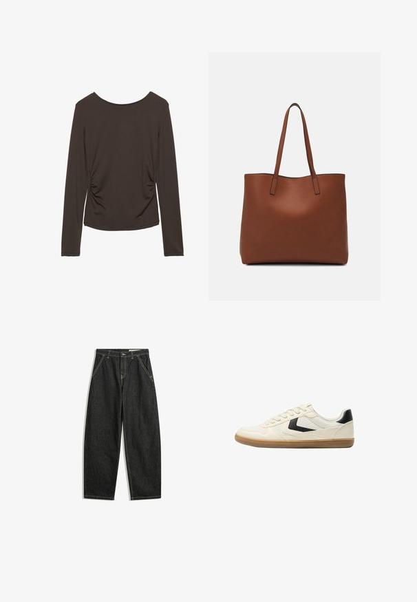 Pitkähihainen paita tummanruskeasta kankaasta, jossa on sileä pinta. Paidassa on sivuruotumista ja pyöreä kaula-aukko. Ei kuvioita tai koristeita.; Musta korkeavyötäröinen, leveälahkeinen farkut etupuolen taskuilla, napin kiinnityksellä ja näkyvällä beige-ommelluksella valkoisella taustalla.; Bershka Matalavartiset tennarit - white; Ruskea nahkainen olkalaukku, jossa on sileä pinta, avoin yläosa ja kaksi olkahihnaa. Omaavat vain minimaalisen ompelun eikä näkyvää metalliosaa.
