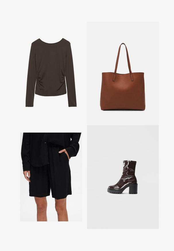 Langärmliges Oberteil aus dunkelbraunem Stoff mit glatter Textur, mit seitlichen Raffung und rundem Ausschnitt. Keine Muster oder Akzente vorhanden.; Schwarze, lässige Shorts aus weichem Material mit elastischem Bund und seitlichen Taschen; kombiniert mit einem passenden kurzärmeligen Hemd.; Glatte bordeauxrote Ankle Boots mit einem klobigen schwarzen Absatz, die eine glatte Oberfläche und ein einfaches Design aufweisen. Keine sichtbaren Verschlüsse oder Muster.; Braune Leder-Tote mit glatter Textur, offenem Oberteil und zwei Schulterriemen. Verfügt über minimale Nähte und keine sichtbaren Beschläge.