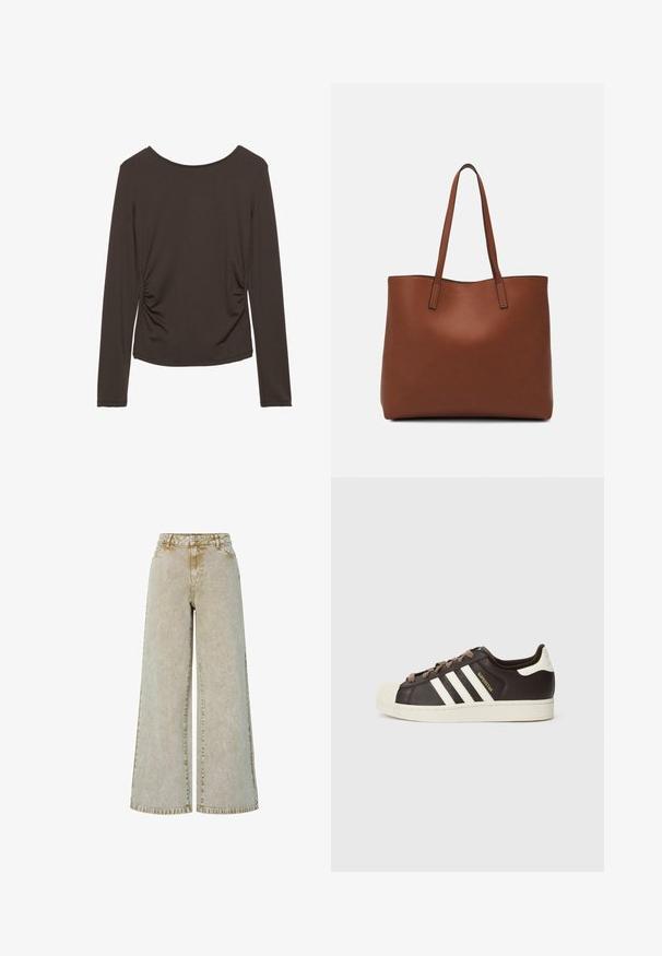 Pitkähihainen paita tummanruskeasta kankaasta, jossa on sileä pinta. Paidassa on sivuruotumista ja pyöreä kaula-aukko. Ei kuvioita tai koristeita.; Lausut leveet rae tummanbeige-denim kun tekstuuriga pinna, esitleb kõrget vöökoht, vööd, ja kontrastsed õmblused.; Matala Adidas Superstar -tennari tummanruskeasta nahasta, jossa on kermahtava kuorikärki, valkoiset raidat ja "Superstar"-teksti sivussa.; Ruskea nahkainen olkalaukku, jossa on sileä pinta, avoin yläosa ja kaksi olkahihnaa. Omaavat vain minimaalisen ompelun eikä näkyvää metalliosaa.