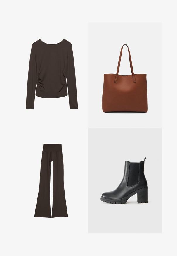 Haut à manches longues en tissu brun foncé avec une texture lisse, présentant un ruché sur les côtés et un col rond. Aucun motif ni accent présent.; Jambières évasées marron foncé avec une large ceinture côtelée. Fabriquées en matériau doux et extensible, elles présentent un design sans coutures et sans matériel visible.; Bottine en cuir noir avec des panneaux latéraux élastiques, semelle en caoutchouc épaisse et talon bloc haut. Comprend une languette à l'arrière.; Sac fourre-tout en cuir marron avec une texture lisse, design à ouverture supérieure et deux poignées pour le porter à l'épaule. Présente des coutures minimales et aucun matériel visible.