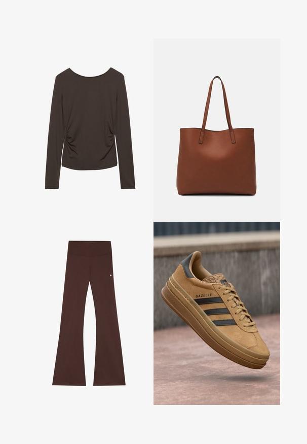 Långärmad topp i mörkbrunt tyg med en slät textur, med sidan rynkad och rundad halsringning. Inga mönster eller detaljer närvarande.; Bruna utsvängda byxor gjorda av mjukt tyg, med en bred midjeband, slät textur och en liten logotypdetalj på sidan.; Tan mockasiner i mocka med en slät yta, som har tre mörka ränder, en rund tå och en tjockare sula med ett mönstrat kant.; Brun läder tote-väska med en slät textur, öppen toppdesign och två axelremmar. Har minimal söm och ingen synlig metalldetalj.