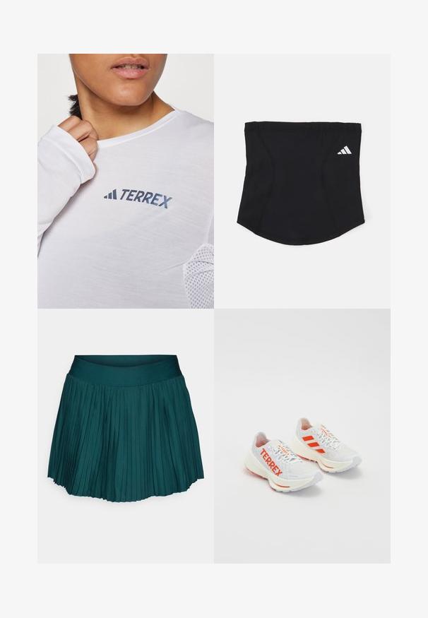 Camisa blanca de manga larga con un logo azul de "TERREX". La tela es ligera y tiene detalles de malla texturizada en los hombros.; Falda mini plisada en un verde azulado oscuro, con una cinturilla ancha y lisa. Fabricada en un tejido ligero con una textura suave y pliegues uniformes.; Zapatillas de running blancas con acentos naranjas. Material de malla, puntera redondeada y plantilla gruesa. "TERREX" impreso en el costado y tres rayas en el talón.; Cinta atlética negra con una textura suave, forma curva y parte superior elástica. Presenta un pequeño logo blanco de Adidas en el costado.