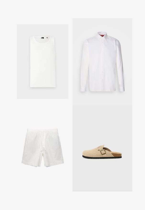 Bijela majica bez rukava od rebrastog materijala, s okruglim izrezom i malim logom brenda sprijeda.; Bijela košulja dugih rukava od pamuka, s klasičnim ovratnikom, prednjim kopčanjem na gumbe i glatkom teksturom. Crvena unutrašnjost ovratnika.; Bijele pamučne šorts hlače s elastičnom trakom oko struka i vezicom, bočnim džepovima i ravnim krojem s urešenim rubovima.; Bež semisoft cipele s otvorenom petom, s plutenom unutrašnjosti, zaobljenim nožnim prstom i jednostavnom trakom sa zlatnim kopčanjem. Gumeni potplat za bolji grip.