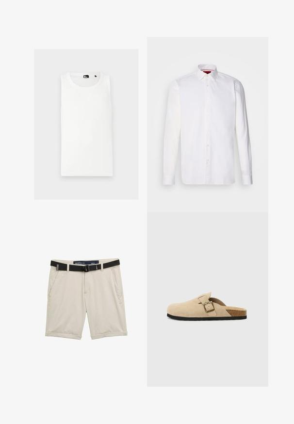 Witte tanktop van ribstof, met een ronde hals en zonder mouwen, voorzien van een klein merkembleem op de voorkant.; Witte overhemd met lange mouwen van katoen, met een klassieke kraag, een voorkant met knopen en een gladde textuur. Rode details aan de binnenkant van de kraag.; Beige shorts met een zwarte verstelbare riem. Gemaakt van lichtgewicht stof, met zijzakken en opgerolde manchetten voor een casual uitstraling. Maat M.; Beige suède instapklompen met een kurken voetbed, een ronde teen en een eenvoudige band met een goudkleurige gesp. Rubberen zool voor grip.