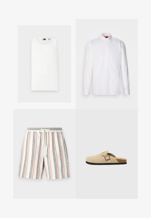 Valge ribakanga tikkide kampsun, mis on varrukateta ja millel on ümmargune kaelus, ees on väike brändi logo.; Valge puuvillane pikkade varrukatega särk, millel on klassikaline krae, nööpidega esikinnis ja sile tekstuur. Punane sisekrae detail.; Kerged lühikesed püksid kergest materjalist, millel on vertikaalsed triibud valges, roosas, hallis ja mustas, elastne vöökoht ja paeltega reguleeritav.; Beeži suede libisemisjalanõud, millel on korgi tald, ümar varvas ja lihtne rihm koos kuldse tooniga pandlaga. Kummitald haardeks.