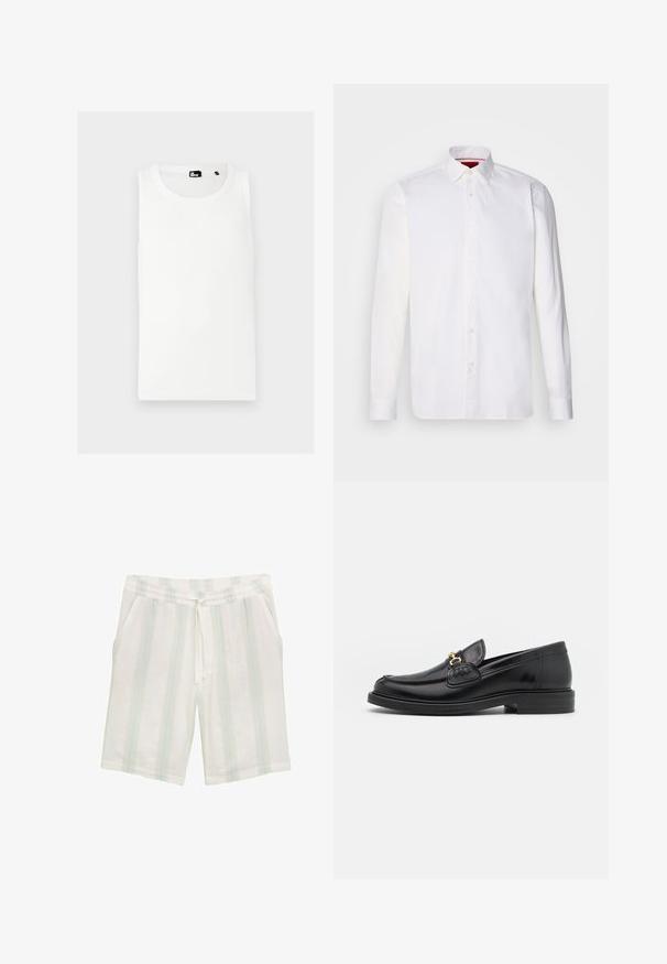 Weißes Tanktop aus geripptem Material, mit Rundhalsausschnitt und ohne Ärmel, auf der Vorderseite mit kleinem Markenlogo.; Weißes langärmliges Hemd aus Baumwolle mit klassischem Kragen, Knopfleiste vorne und glatter Textur. Rote Details im inneren Kragen.; Weiße Shorts aus leichtem Stoff mit vertikalen hellblauen und grünen Streifen, einem elastischen Bund und seitlichen Taschen.; Schwarze Lederleter mit einer abgerundeten Zehenpartie, ausgestattet mit goldenen Hardwareakzenten und Stichdetails, auf einer niedrigen, strukturierten Gummisohle.