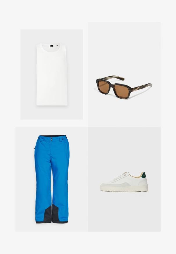 Hvit tanktop laget av ribbet materiale, med rund hals og uten ermer, med en liten merke-logo foran.; Blå snøbukser med en glatt tekstur, doble frontknapper og svarte detaljer ved mansjettene og sidelommene for funksjonalitet.; Hvit sneakers med semsket detaljer, rund tå, flate snøringer og en kremfarget gummisåle. Har grønn merking på hælen.; Plastik solbriller med kappe-mønster, åttekantede brune linser og tynne gullfargete detaljer på rammen.