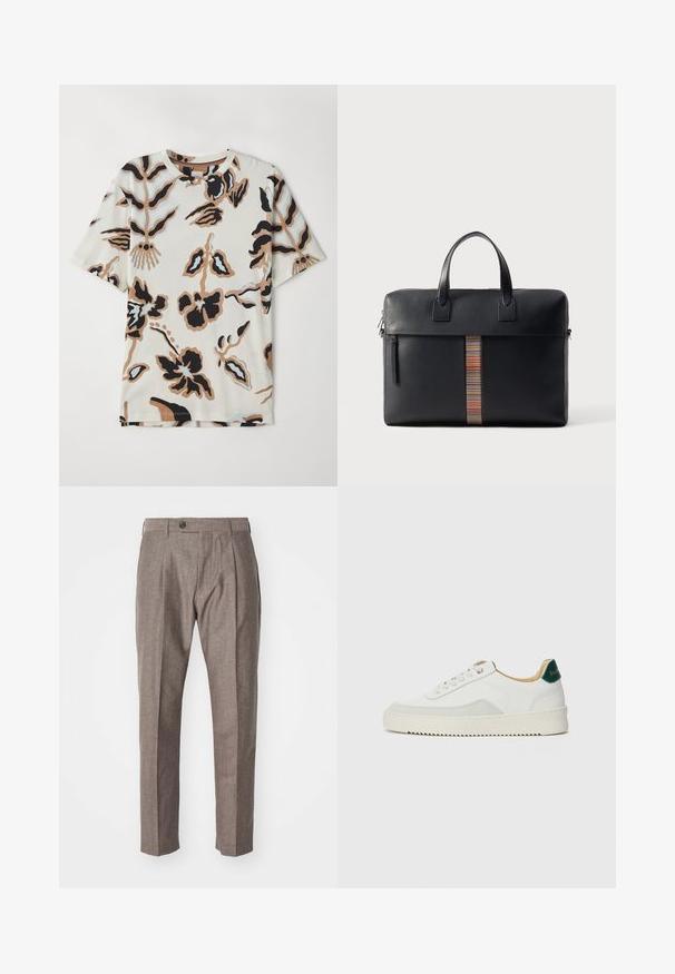 Majica kratkih rukava od mekog materijala, s krem pozadinom na kojoj su apstraktni cvjetni uzorci u crnoj, smeškoj i svijetloplavoj boji.; Paul Smith TROUSER - Hlače - brown; Bijele tenisice s akcentima od antilopa, zaobljenim vrhom, ravnim vezicama i krem gumenim potplatom. Imaju zelenu oznaku na peti.; Paul Smith BAG FOLIO UNISEX - Kovčeg - black