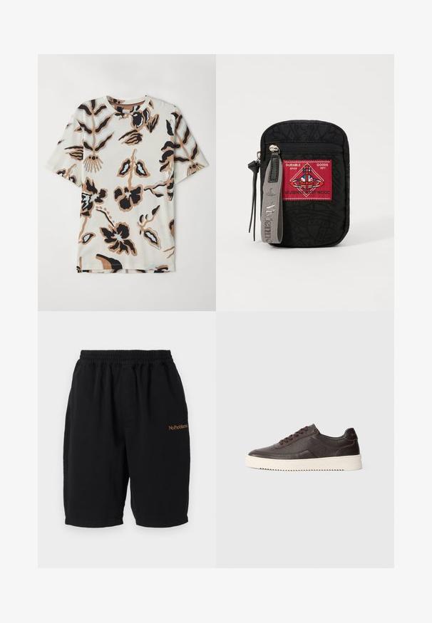 Kortermet T-skjorte laget av myk stoff, med en kremfarget bakgrunn og abstrakte blomster mønstre i svart, brunt og lyseblått.; Sorte bomullsshorts med elastisk midje, rett snitt og sidelommer. Har "No Problemo" brodert i oransje på forsiden.; Mørkebrune lærersneakers med teksturert finish, rund tå og kontrasterende kremgummisåle. Har snøring og subtile sømdetaljer.; Svart pose med teksturert stoff, med en rød lapp med logo, glidelås-lukking, og et grått bånd med preget merkevare.
