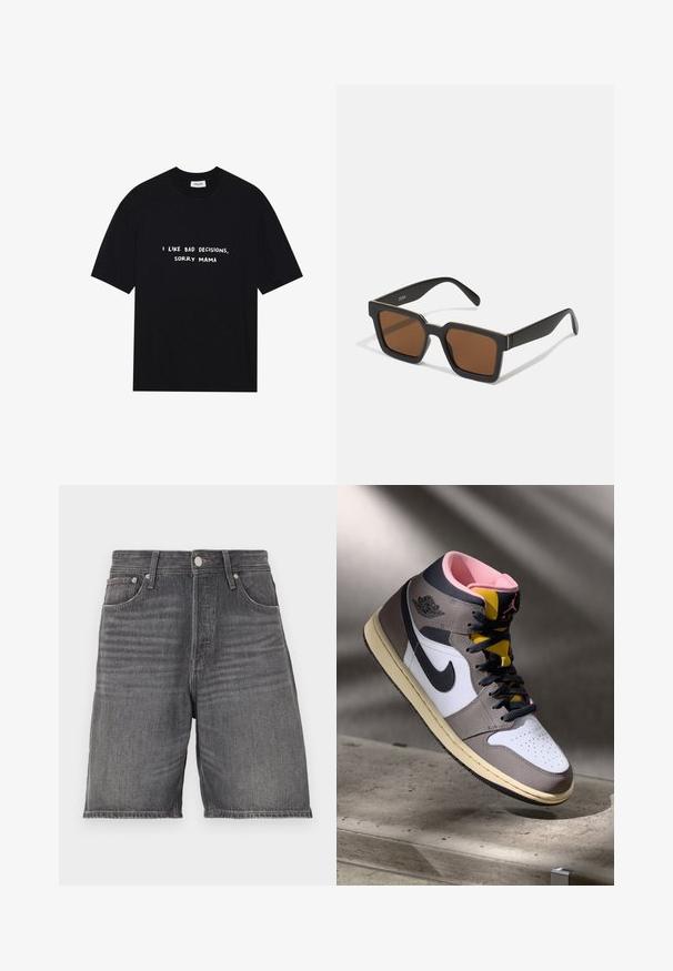 Schwarzes Baumwoll-T-Shirt mit kurzen Ärmeln und Rundhalsausschnitt. Weißer Drucktext mit der Aufschrift "ICH MAG Schlechte Entscheidungen, ENTSCHULDIGE MAMA."; Dunkelgraue Denim-Shorts mit geradem Schnitt. Verfügt über fünf Taschen, einen Bund mit Gürtelschlaufen und einen Knopfverschluss.; Hohe Nike Air Jordan Sneaker in Weiß, Grau und Schwarz mit pinkem Innenfutter und gelber Zunge, auf einer Betontfläche platziert.; Schwarze quadratische Sonnenbrillen mit braunen Gläsern, mattem Finish und goldenen Akzenten im Rahmen. Das Design ist kantig mit breiten Bügeln.; Rechteckige Casio-Uhr mit weißem Zifferblatt, goldenen Akzenten, römischen Ziffern und einem braunen Lederarmband im Krokodil-Muster. Wasserdichtes Design.