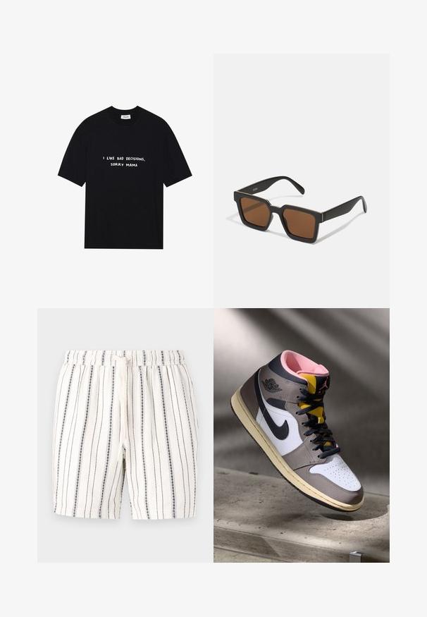 T-shirt in cotone nero con maniche corte e scollo rotondo. Il testo stampato in bianco recita: "MI PIACCIONO LE CATTIVE DECISIONI, SCUSA MAMMA."; Pantaloni corti bianchi con righe verticali blu navy, vita elastica e cordino. Morbida texture con un design casual e leggero.; Sneaker Nike Air Jordan alta in bianco, grigio e nero con interno rosa e linguetta gialla, posizionata su una superficie di cemento.; Occhiali da sole neri a forma quadrata con lenti marroni, caratterizzati da una finitura opaca e dettagli dorati sulla montatura. Il design è angolare con aste larghe.; Orologio rettangolare Casio con quadrante bianco, dettagli dorati, numeri romani e cinturino in pelle con motivo coccodrillo marrone. Design resistente all'acqua.