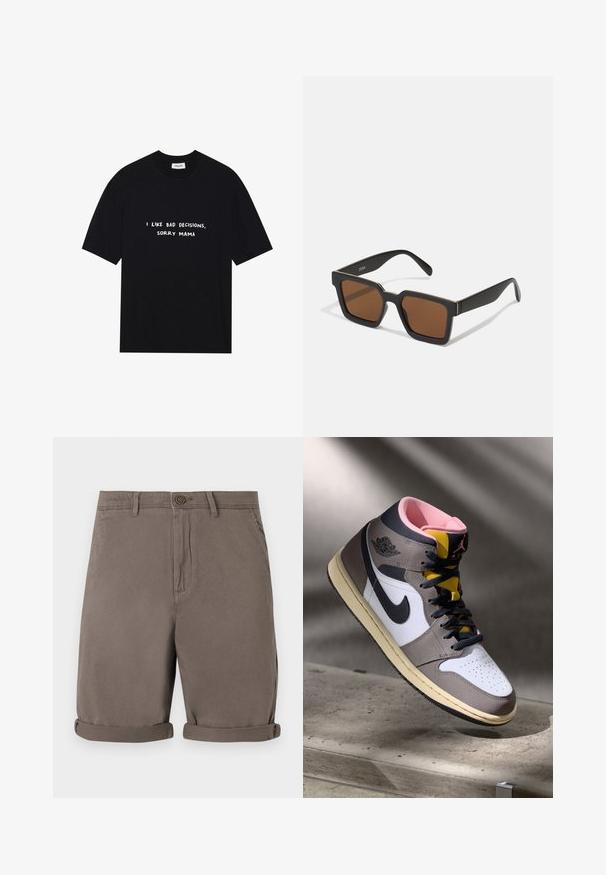 Black cotton t-shirt featuring short sleeves and crew neckline. White printed text reads, "I LIKE BAD DECISIONS, SORRY MAMA."; Brown cotton shorts with a straight cut, featuring a button closure and rolled cuffs. Smooth texture, no visible patterns or accents.; High-top Nike Air Jordan sneaker in white, grey, and black with pink interior and yellow tongue, positioned on a concrete surface.; Black square sunglasses with brown lenses, featuring a matte finish and gold accents on the frame. The design is angular with wide arms.; Casio rectangular watch with a white face, gold accents, Roman numerals, and a brown crocodile-pattern leather strap. Water-resistant design.