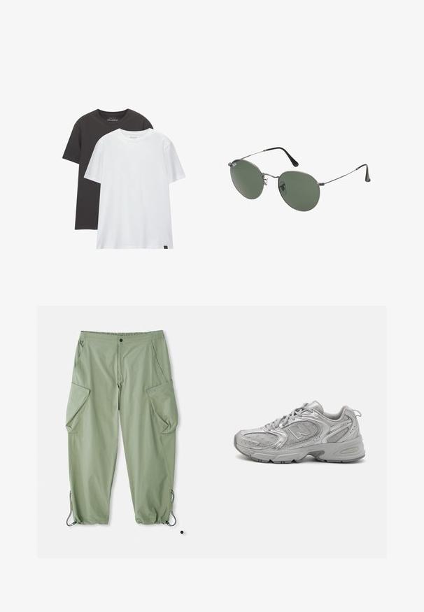 Dve majice redne prileganja: ena črna in ena bela, izdelani iz mehkega bombaža. Vsaka vsebuje krožni ovratnik in kratke rokave brez vzorcev.; Svetlozeleni cargo hlače z elastičnim pasom, več stranskih žepov in vrvicami pri gležnjih. Narejene iz trpežne, teksturirane tkanine.; Srebrna športna copata z elegantnim dizajnom, mrežnimi paneli, oblazinjenim jezikom, teksturirano sintetično zgornjim delom in gumijastim podplatom za oprijem.; Sončna očala z ovalnimi zelenimi lečami v kovinskem okvirju. Tanjši srebrni kovinski okvir in črne ušesne konice. Minimalistična zasnova, brez vidnih logotipov.