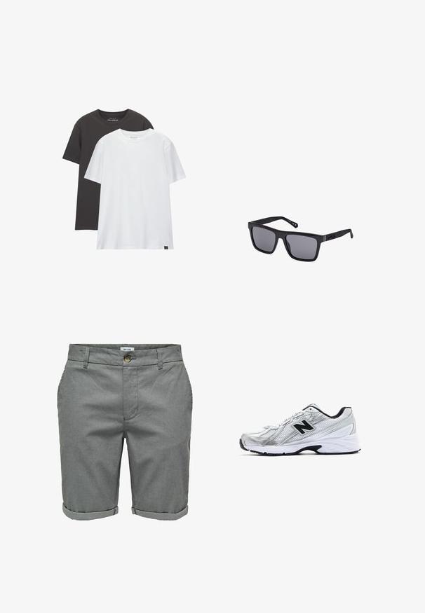 Zwei T-Shirts in normaler Passform: eines schwarz und eines weiß, aus weicher Baumwolle. Jedes hat einen Rundhalsausschnitt und kurze Ärmel ohne Muster.; Graue Shorts aus strukturiertem Stoff, mit Knopfverschluss, Seitentaschen und aufgekrempelten Säumen für einen eleganten Look.; Silberner Sportschuh aus Mesh-Material, mit schwarzen Akzenten, durchbrochenem Design und einer gepolsterten weißen Sohle. Mit einem auffälligen 'N'-Logo.; Schwarze rechteckige Sonnenbrille mit dunklen Gläsern, matter Oberfläche und Logodetail am Bügel. Das Design hat gerade Kanten und dicke Rahmen.