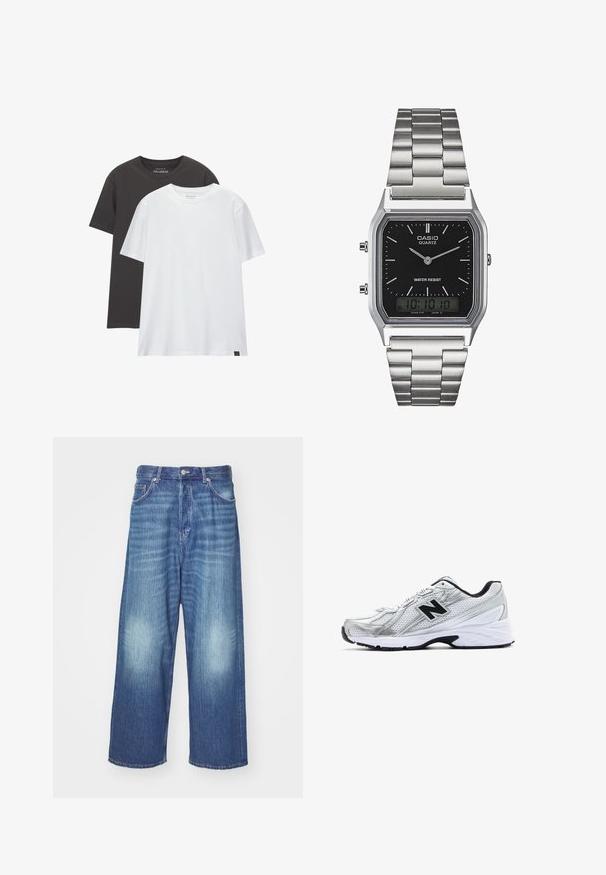 Két normál fazonú póló: az egyik fekete, a másik fehér, puha pamutból készült. Mindkettő kerek nyakú és rövid ujjú, minta nélkül.; Bő szárú kék farmernadrág, elhalványult mosással, öt zsebbel és gombos záródással. Simogató tapintású, finom kifakulás a térdeknél.; Ezüst sportcipő hálós anyaggal, fekete kiegészítőkkel, perforált dizájnnal és párnázott fehér talppal. Kiemelkedő 'N' logóval rendelkezik.; Ezüst rozsdamentes acél kvarcóra fekete, téglalap alakú számlappal, analóg mutatókkal, digitális kijelzővel és vízállósági jelöléssel.