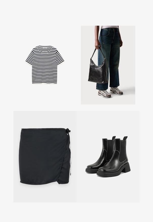 Gestreiftes T-Shirt aus Baumwolle mit marineblauen und weißen horizontalen Streifen, verfügt über einen runden Ausschnitt und kurze Ärmel. Glatte Textur.; Schwarzer Schwimmunterröcke mit Wickeldesign, aus leichtem Stoff gefertigt. Verfügt über einen seitlichen Bindeschluss und eine glatte Textur.; Schwarze Leder Chelsea-Stiefel mit einem klobigen Absatz, elastischen seitlichen Einsätzen und kontrastierendem weißen Nähten. Strukturierte Oberfläche.; Schwarze Leder-Schultertasche mit glatter Textur und verstellbarem Riemen, kombiniert mit ausgewaschenen weit geschnittenen Jeans und sportlichen Sneakern.