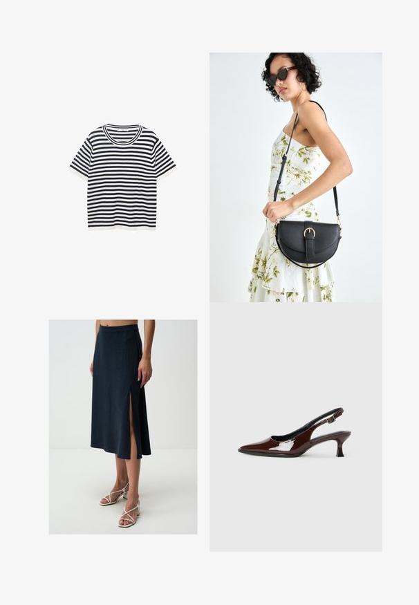 T-shirt rayé en coton avec des rayures horizontales bleu marine et blanches, avec un col rond et des manches courtes. Texture lisse.; Jimmy Key HIGH WAIST MIDI - Jupe trapèze - dark blue; Chaussure slingback en cuir verni marron avec un bout pointu et un talon modéré. Elle est dotée d'une sangle à boucle pour un ajustement sécuritaire. Texture lisse.; Sac à main en cuir noir avec une forme courbée, bandoulière amovible et des accessoires en or. Le sac est doté d'un rabat avec un détail de boucle.