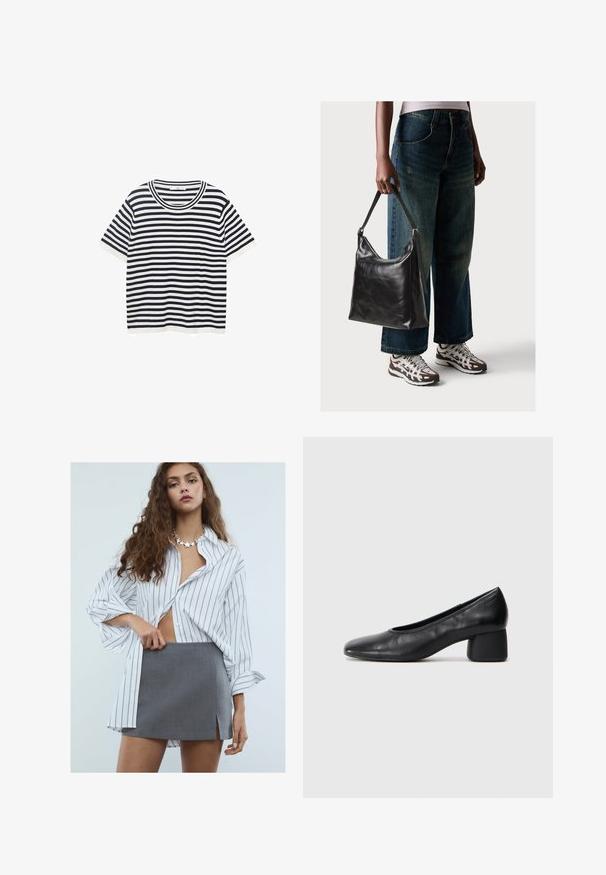 Gestreiftes T-Shirt aus Baumwolle mit marineblauen und weißen horizontalen Streifen, verfügt über einen runden Ausschnitt und kurze Ärmel. Glatte Textur.; Junge Frau mit langen, lockigen Haaren, die ein weißes, gestreiftes Oversized-Hemd, einen grauen Minirock mit Schlitz vorne und eine sternförmige Halskette trägt.; Schwarze Lederpumps mit runder Zehenpartie und mittelhohem Blockabsatz. Glatte Textur mit minimalen Details, ausgestattet mit einem dezenten elastischen Einstieg.; Schwarze Leder-Schultertasche mit glatter Textur und verstellbarem Riemen, kombiniert mit ausgewaschenen weit geschnittenen Jeans und sportlichen Sneakern.