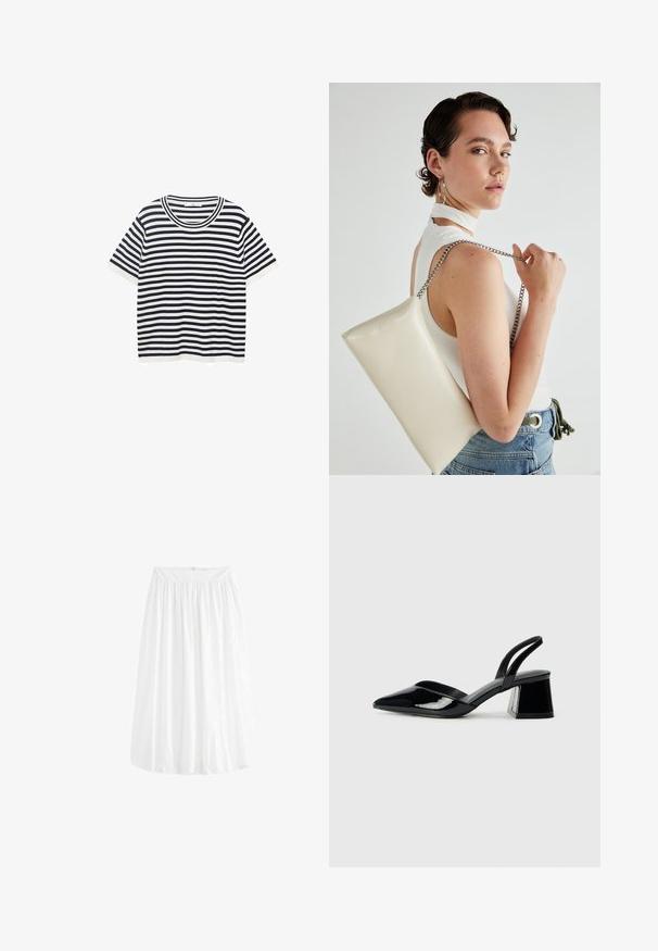 Randig t-shirt i bomull med marinblå och vita horisontella ränder, har en rund halsringning och korta ärmar. Slät textur.; Vit knä-lång kjol gjord av lättviktsmaterial. Har ett elastiskt midjeband för justerbar passform och mjuk drapering.; Svarta lackläder slingback klackar med spetsig tå och geometrisk klack. Har en elegant, minimalistisk design och slät yta.; Vitt rektangulärt clutch-väsk i glänsande material, med en kedjesnor i silver. Modellen poserar och visar upp väskan mot en neutral bakgrund.