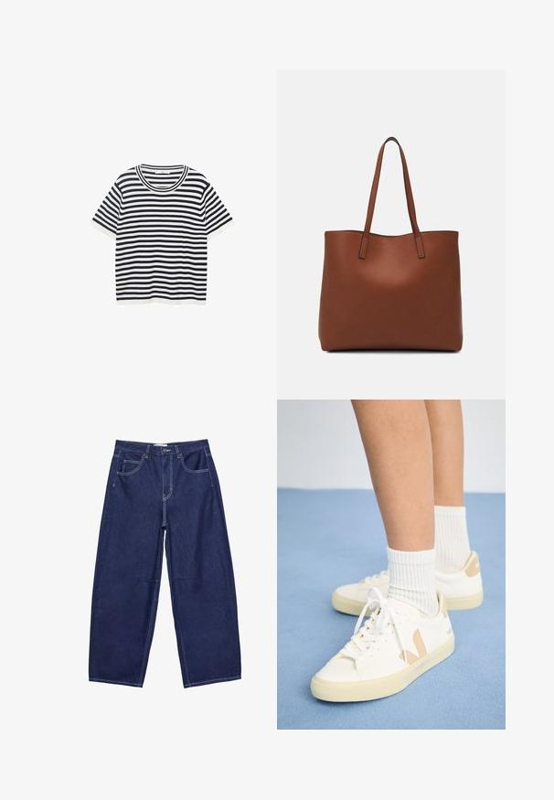 T-shirt a righe in cotone con strisce orizzontali blu e bianche, dotata di scollatura rotonda e maniche corte. Texture liscia.; Pantaloni a gamba larga in denim blu scuro con vita alta, cinque tasche e cuciture bianche a contrasto. Texture liscia, design classico.; Sneakers bianchi con dettagli beige, punta rotonda e lacci bianchi. Indossati con calze bianche a coste, su uno sfondo blu chiaro.; Borsa tote in pelle marrone con texture liscia, design con apertura superiore e due spallacci. Presenta cuciture minime e nessun hardware visibile.