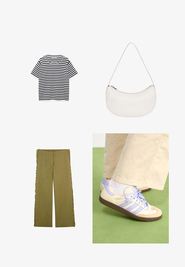 Pruhované tričko vyrobené z bavlny s námořnickými a bílými vodorovnými pruhy, má kulatý výstřih a krátké rukávy. Hladká textura.; Olivově zelené kalhoty s širokými nohavicemi vyrobené z texturované tkaniny, s volány na bocích a elastickým pasem pro pohodlí.; Krémové a levandulové tenisky se třemi pruhy a texturovanou hnědou podrážkou, vybavené tkaničkami a polstrovanou patou. Měkký textilní svršek.; PULL&BEAR HALF MOON - Kabelka - white