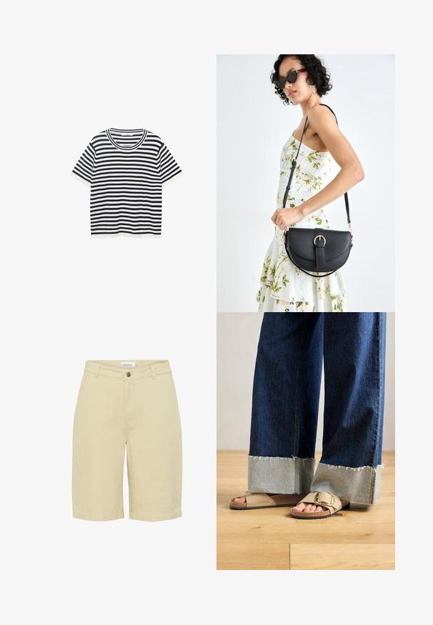 Striped t-shirt made of cotton with navy and white horizontal stripes, features a round neckline and short sleeves. Smooth texture.; Knee-length shorts made of light beige cotton. Features a front button closure, belt loops, and side pockets with a smooth texture.; Feet wearing beige Birkenstock sandals with gold buckles, paired with dark blue denim jeans rolled up at the cuffs, standing on wooden floor.; Black leather handbag with a curved shape, detachable strap, and gold hardware. The bag features a flap with a buckle detail.