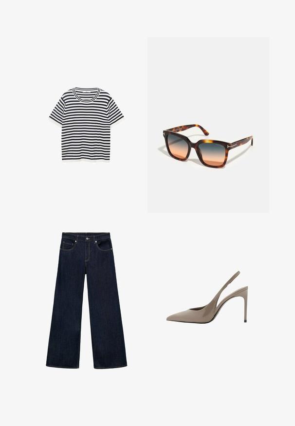 Gestreept T-shirt van katoen met marineblauw en witte horizontale strepen, voorzien van een ronde halslijn en korte mouwen. Glad van textuur.; Donkerblauwe denim wijde jeans met een hoge taille, voorzien van vijf zakken, metalen knoopsluiting en zichtbare stikselaccenten.; Beige gepatenteerde leren slingback hoge hakken met een spitse neus en een slank ontwerp, voorzien van een dunne hoge hak en een uitsparing aan de zijkant.; Tom Ford Zonnebril - brown; Zwarte leren tote bag met een gestructureerde vorm, dubbele handvatten en gouden hardware-accenten. Heeft een gladde textuur en een decoratief label.