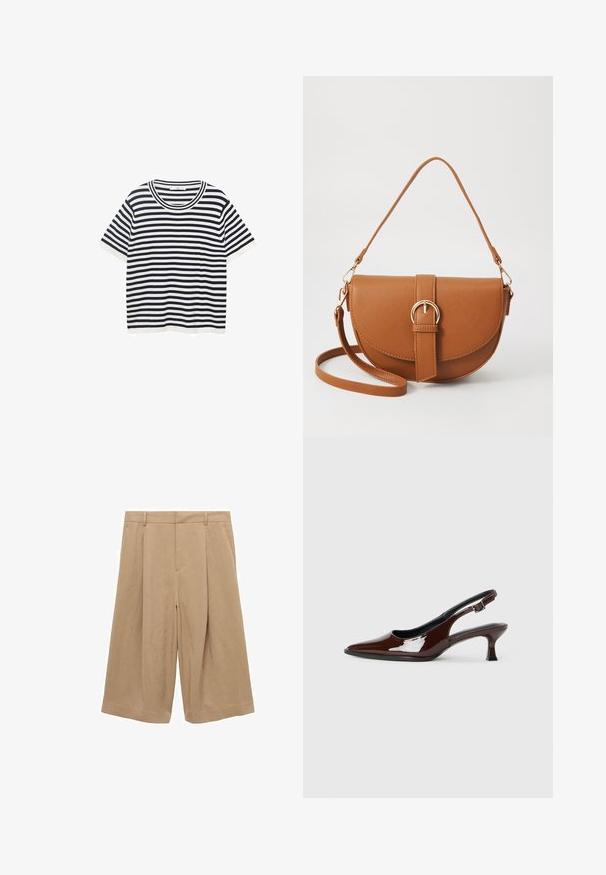 Pruhované tričko vyrobené z bavlny s námořnickými a bílými vodorovnými pruhy, má kulatý výstřih a krátké rukávy. Hladká textura.; Beige culottes vyrobené z lehkého materiálu, s širokým střihem nohavic, plochým předním dílem, dvěma postranními kapsami a hladkou texturou.; Hnědé lakované kožené slingback boty s špičatou špičkou a mírným podpatkem. Disponují přezkou pro bezpečné upevnění. Hladký povrch.; Hnědá kožená křížová taška s zakřiveným tvarem, zlatými detaily a akcentem s přezkou. Obsahuje odnímatelný popruh na rameno.
