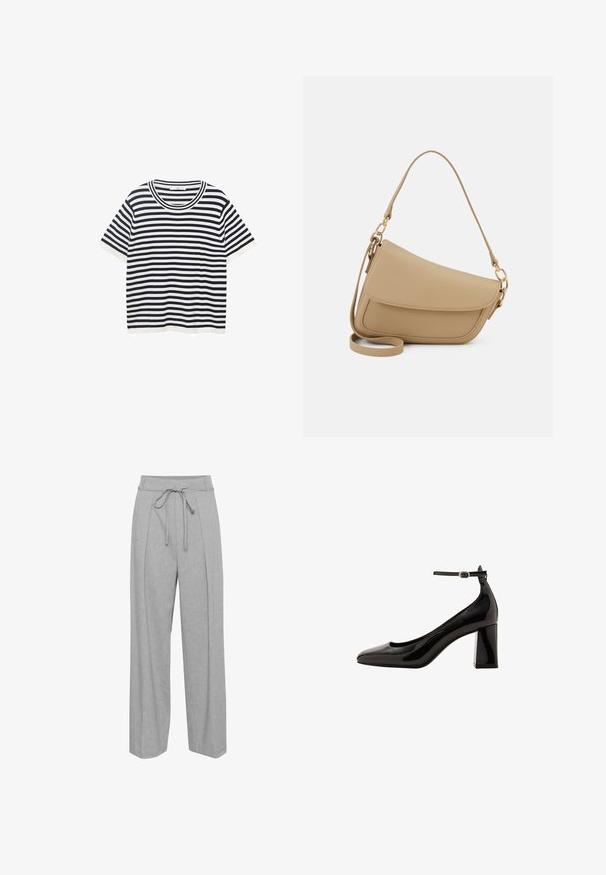 Prúžkované tričko vyrobené z bavlny, s tmavomodrými a bielymi horizontálnymi pruhmi, má okrúhly výstrih a krátke rukávy. Hladká textúra.; Sivé ľanové nohavice s širokými nohavicami a vysokým pásom, s príťahom na šnúrku, záhybmi vpredu a mäkkým, textúrovaným povrchom.; Čierne lakované lodičky na členku s lesklým povrchom, špicatou špičkou a širokým blokovým podpätkom. Hladká textura, minimálne detaily.; Even&Odd Kabelka - beige