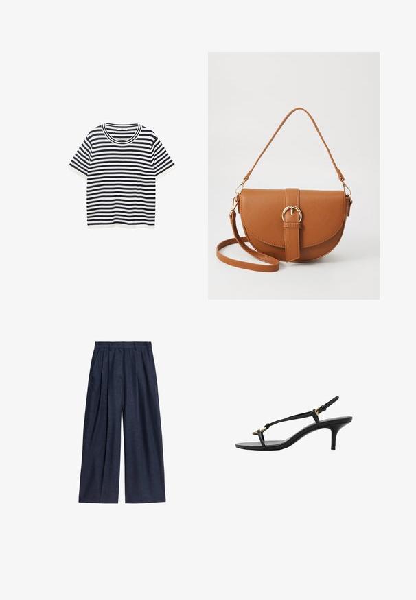 T-shirt a righe in cotone con strisce orizzontali blu e bianche, dotata di scollatura rotonda e maniche corte. Texture liscia.; Pantaloni a gamba larga blu navy in lino, con vita alta, fronte plissettato e tasche laterali per funzionalità.; Sandal con zeppa kitten nera in pelle, con sottili cinturini, fibbia dorata e una minimalista fascetta per le dita su sfondo bianco.; Borsa a tracolla in pelle marrone con forma curvata, hardware dorato e un dettaglio con fibbia. Presenta una tracolla rimovibile.