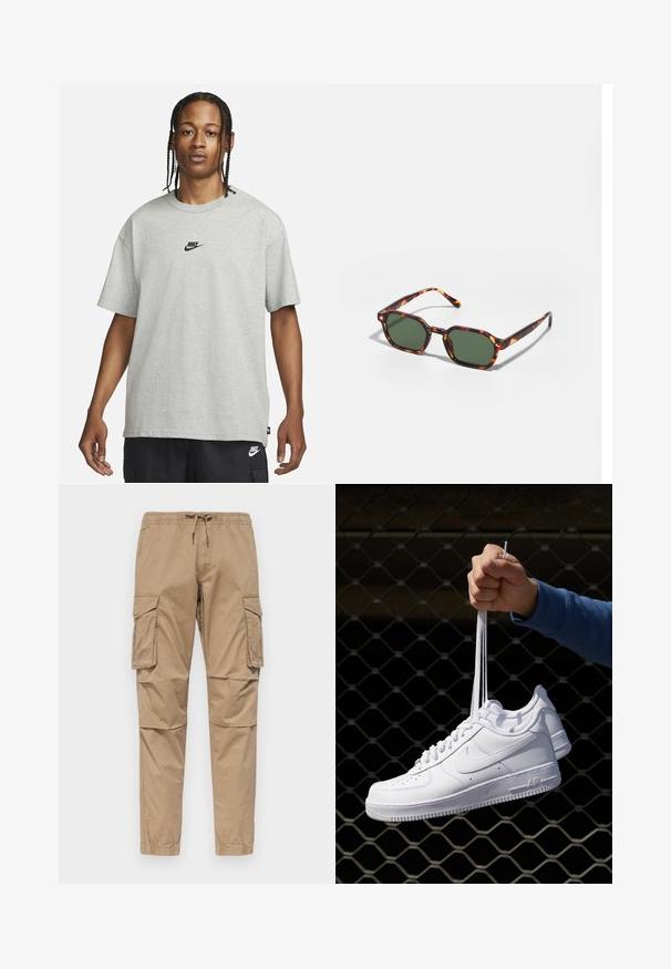 Giovane con capelli intrecciati che indossa una maglietta Nike grigia chiara e pantaloni Nike neri su uno sfondo bianco semplice.; Pantaloni cargo beige in cotone, con vita elastica e lacci, tasche laterali e gambe affusolate con orli risvoltati.; Sneakers in pelle bianca con perforazioni, punta rotonda, suola piatta e lacci spessi, con logo swoosh visibile e "AIR" sul tallone.; Occhiali da sole tartarugati con lenti verdi, dotati di una forma ottagonale e bracci sottili e curvi. Il materiale ha una finitura lucida.